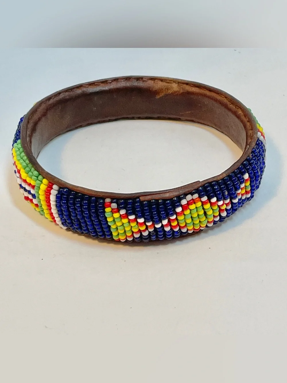 Native Am Style Leather Seed Bead Blue Red Green White 1/2” Bangle Bracelet